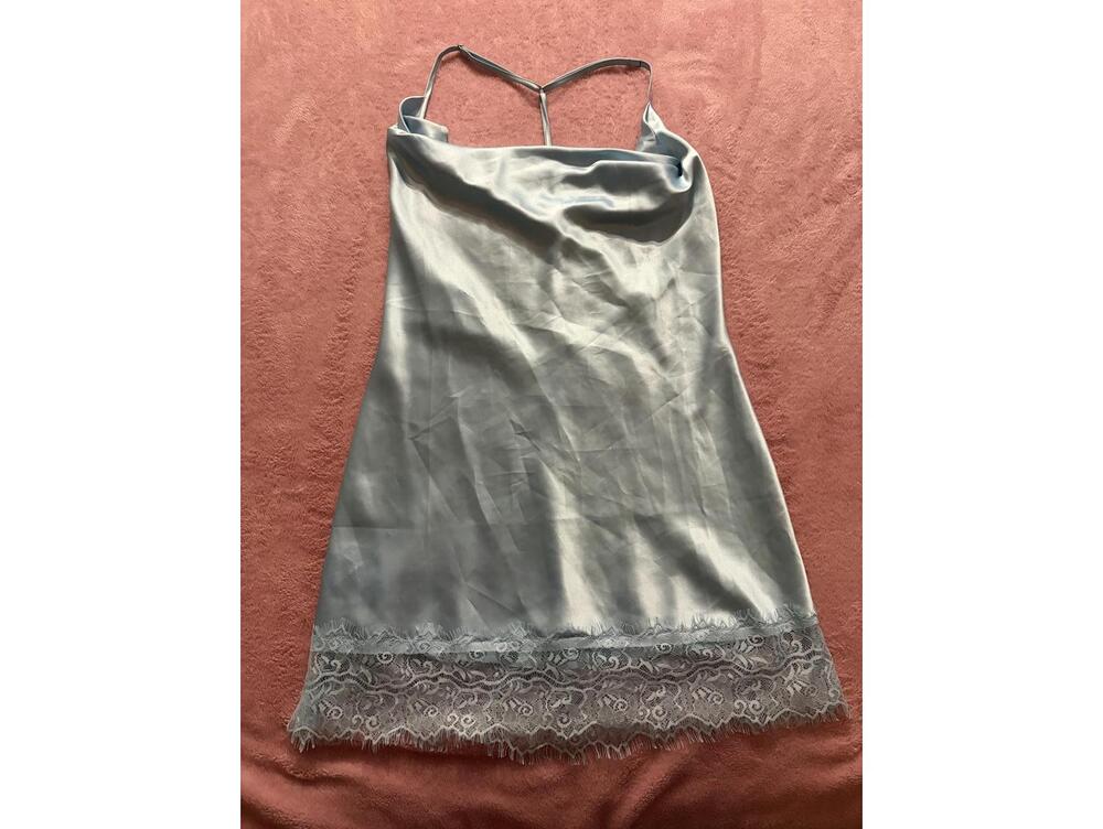 Light Blue Satin Slip Dress with Lace Trim